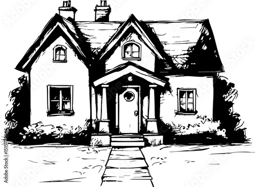 Charming cottage home suburban neighborhood sketch art hand-drawn style front view cozy living for home decor