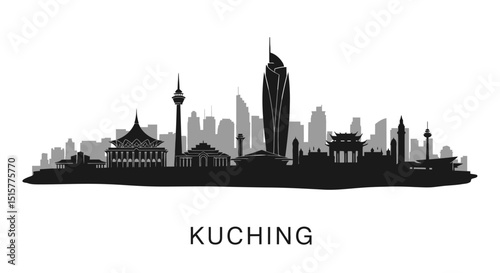 Kuching Skyline with Malaysia Cityscape Silhouette.