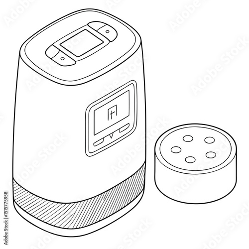 A line drawing of a humidifier with a display screen and a separate round component with five holes