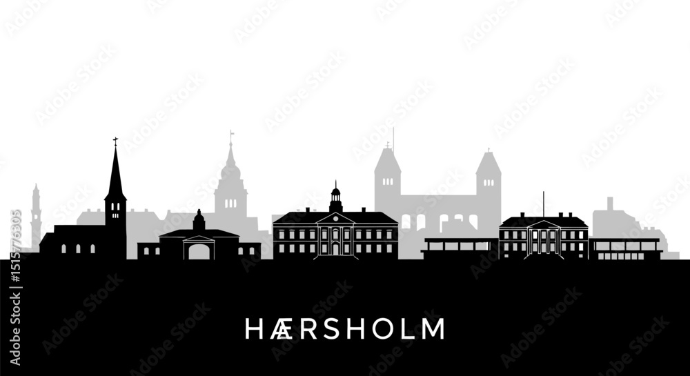 Fototapeta premium Hrsholm Skyline with Black and White Silhouette.