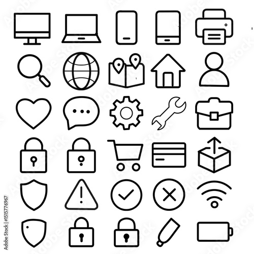A modern collection of 25 flat icons Includes map pins, profile avatars, check marks, settings, wallet, home, globe, and shopping cart. Ideal for digital apps, dashboard