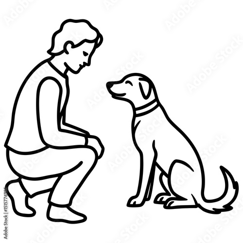 Man kneeling and looking at his dog