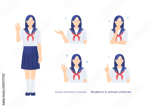 セーラー服姿の女子高生 夏服を着た女の子の5ポーズセット