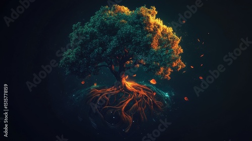 A vibrant, detailed illustration of a magnificent tree with intricate roots.
