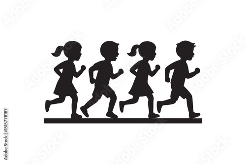 Children running silhouette vector art illustration on white background