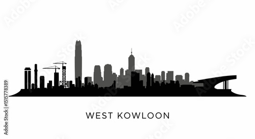 West Kowloon Cityscape Silhouette with Hong Kong Skyline.