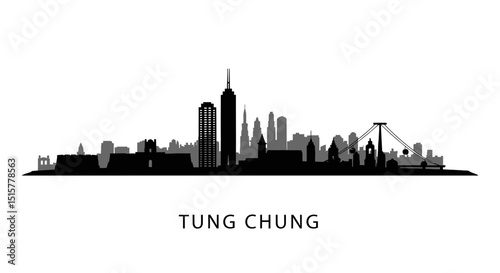 Tung Chung with Hong Kong Skyline Black Silhouette.
