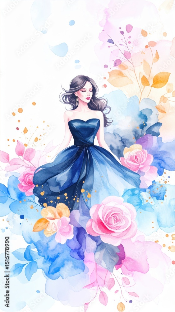 A woman in a blue dress stands amid vibrant watercolor flowers and leaves, evoking elegance and dreamlike fantasy. A woman in a blue dress stands amid vibrant watercolor flowers and leaves, evoking elegance and dreamlike fantasy.