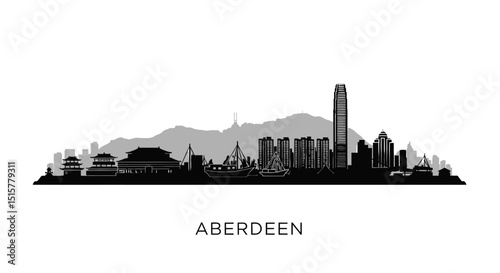 Aberdeen Skyline Silhouette with Hong Kong, and Cityscape.