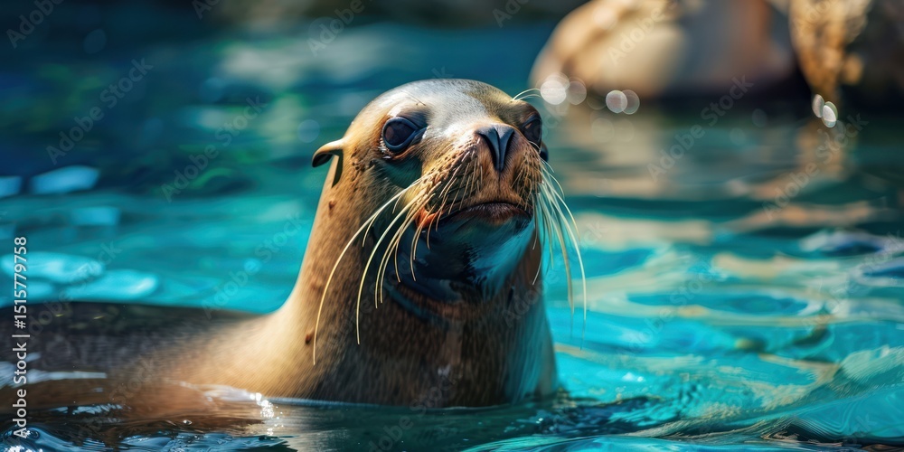 Fototapeta premium A seal swimming in a pool with a blurred background.