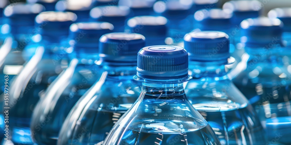 A row of blue plastic water bottles with blue caps, arranged in a neat row with a blurred background. A row of blue plastic water bottles with blue caps, arranged in a neat row with a blurred background.