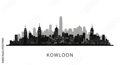 Kowloon with Hong Kong Skyline Vector.