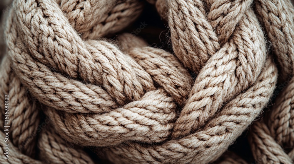 Intricate knots of thick natural fiber rope displayed closely in a warm, textured arrangement Intricate knots of thick natural fiber rope displayed closely in a warm, textured arrangement