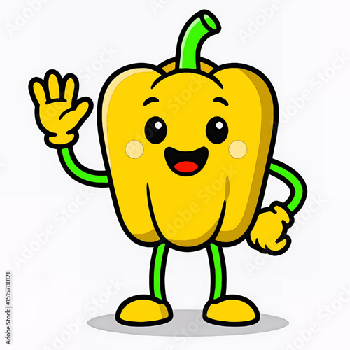Bright and cheerful cartoon character of a yellow bell pepper with a big smile and waving gesture. Perfect for health food promotions or playful visual content.