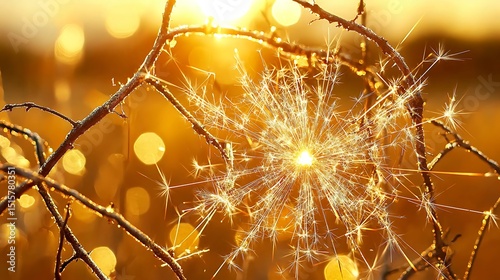 Detailed slow motion image of airborne sparks scattering from an explosion with sharp glowing particles photo