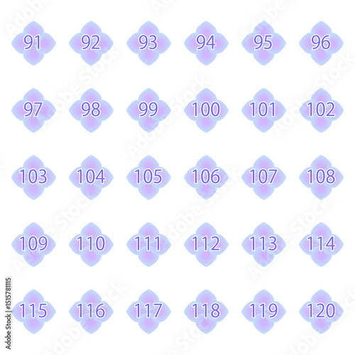アジサイのがくをモチーフにした数字ラベルアイコンセット 91-120 パステルカラー