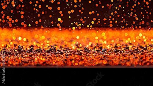 Close-up of a grilling bed with smoldering coals and flying ash particles under low light