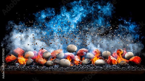 Close-up of a grilling bed with smoldering coals and flying ash particles under low light