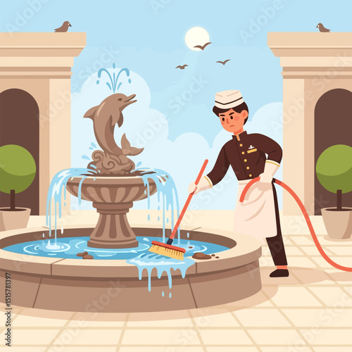 Worker Cleaning Fountain with Dolphin Statue and Water Outdoors