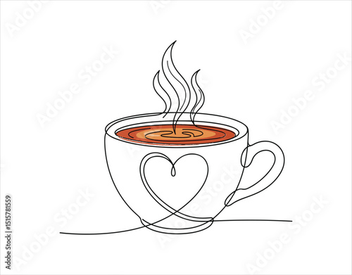 This is a coffee cup with a heart shape created using a continuous line. It's a hot tea drink. The vector illustration is isolated on a white backdrop.