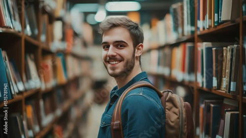 Handsome Smile student man with backpack and books in library, education, university, cheerful, college, happy, standing, school, backpack, attractive, enjoyment, confidence
