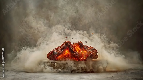 Bullet time shot capturing glowing fire fragments floating slowly in a high intensity cinematic explosion