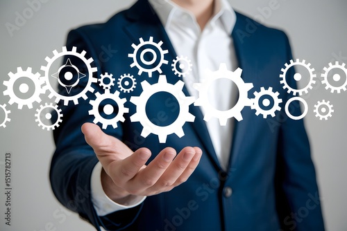 Businessman Holding Conceptual Gears, Symbolizing Teamwork and Efficiency