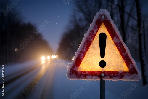 Winter Warning Sign on Snowy Road at Night