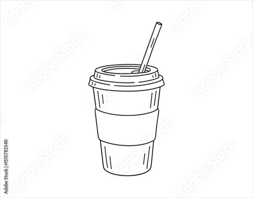 A doodle-style drawing of coffee to go in a cup with a straw. This fast food drink features a straightforward Scandinavian design. Emphasizing minimalism and monochrome aesthetics.