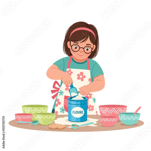 Girl Scooping Flour for Baking Activity in Bright Home Kitchen