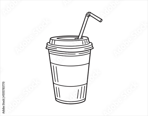 Coffee to go, depicted in a doodle style with a straw in a cup. This fast food drink has a clean Scandinavian design. It's all about minimalism and monochrome vibes.