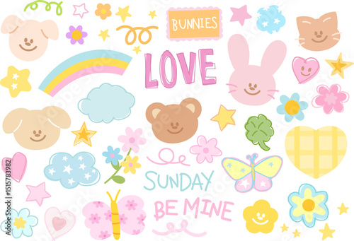 Pastel illustration of teddy bear, puppy, bunny, rainbow, butterfly, flowers, heart, star, cloud for cute animals, zoo, pet shop, vet, spring, summer, cartoon, character, kid, toddler, sticker, easter