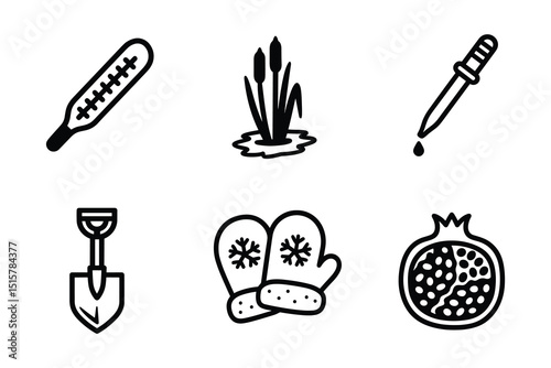 Black and White Vector Icons Set Featuring Thermometer, Pond, Pipette, Shovel, Mittens