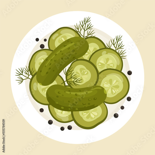 Pickled Cucumbers with Dill on Plate Food Preparation