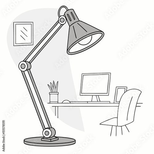 A drawing of a desk lamp illuminating a desk with a computer, chair, and other office accessories