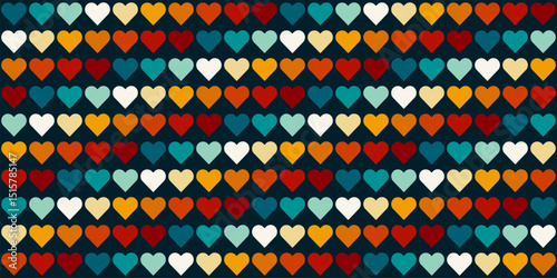 Rainbow Heart Mosaic, seamless vector pattern with colorful hearts in a retro vintage rainbow palette. Perfect for backgrounds, textiles, and festive banner designs, spreads love and joy