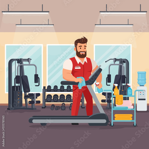 Man Cleaning Treadmill in Gym, Keeping Fitness Equipment Sanitized