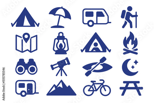 Camping Adventure Vector Icons Set Outdoor Recreation and Travel Line Art Symbols