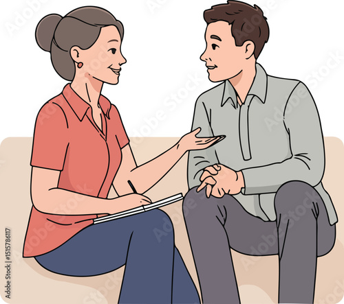 Female Therapist Engaging in a Counseling Session with a Young Male Client Seated.