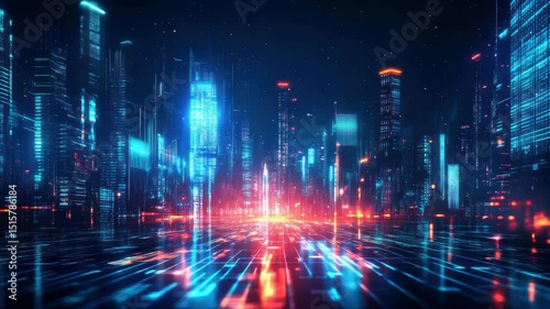 cityscape with space and neon light effect. Modern hi-tech, science, futuristic technology concept. Abstract digital high tech city design for banner background