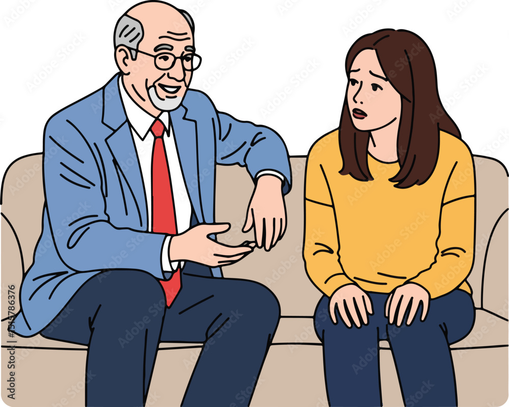 Fototapeta premium Wise Senior Male Therapist Engaged in a Compassionate Conversation with a Thoughtful Young Female Client Seated on a Couch.