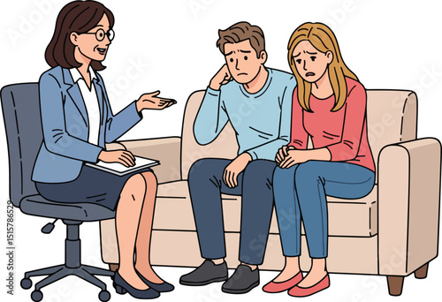 a Professional Female Therapist Offering Compassionate Guidance to a Distressed Couple Seated on a Couch During a Counseling Session.