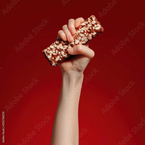 Raised hand holding granola bar against red	