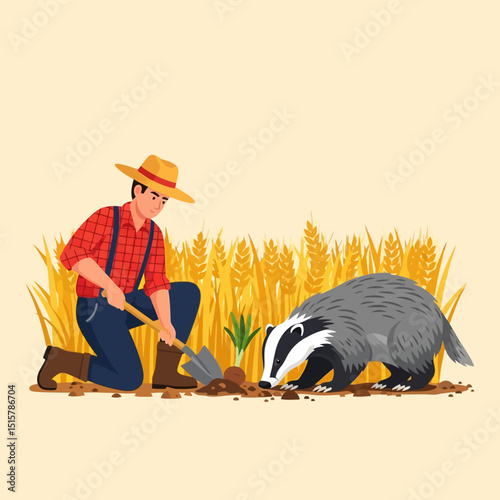 Man Planting with Badger Watching in Wheat Field Illustration