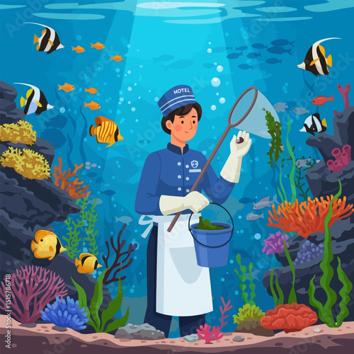 Cleaning Underwater Aquarium with Net and Bucket for Maintenance