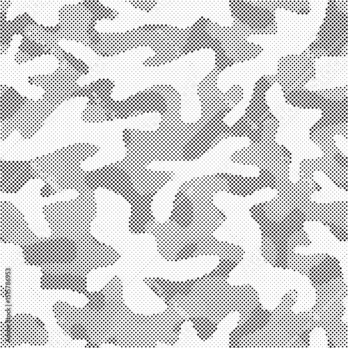 Abstract halftone camouflage pattern. Stylish military print for fabric, seamless monochrome background. Urban camo halftone dots texture.  Dot texture vector.