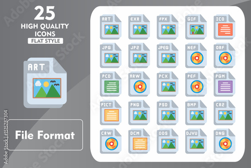 File Format Flat Icon Set. Incleded Icons ART, EXR, FPX, GIF, ICO, JPG, JP2, JPEG, NEF. Vector Icons Collection