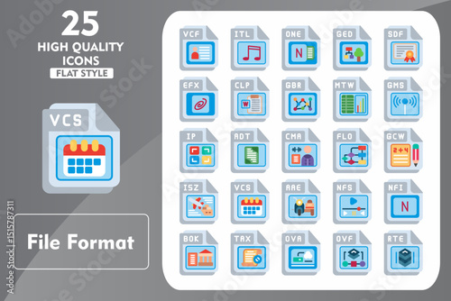 File Format Flat Icon Set. Incleded Icons VCF, ITL, ONE, GED, SDF, EFX, CLP, GBR, MTW, GMS. Vector Icons Collection