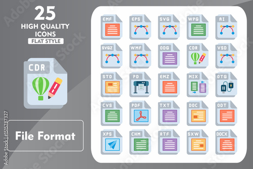 File Format Flat Icon Set. Incleded Icons EMF, EPS, SVG, WPG, AI, SVGZ, WMF, ODG, CDR. Vector Icons Collection