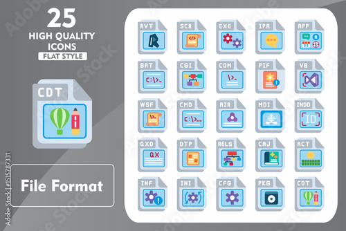 File Format Flat Icon Set. Incleded Icons RVT, SCR, EXE, IPA, APP, BAT, CGI, COM, PIF, VB. Vector Icons Collection